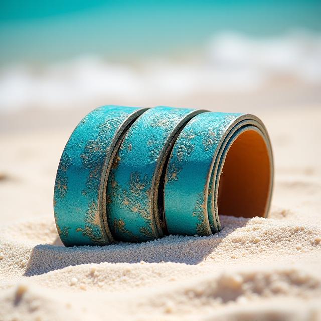 Artisan leather belt with coral reef pattern lying on white sand